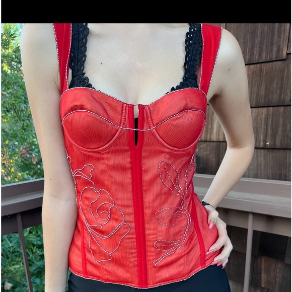 La Perla red silk blend bustier with micro beading trim & accents Italy fits 4/6 - Picture 8 of 16